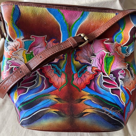 CROSSBODY LEATHER BAG, SHARIF ARTISTIC EXPRESSIONS, ORCHID MULTICOLOUR, TOP ZIP - Picture 1 of 5